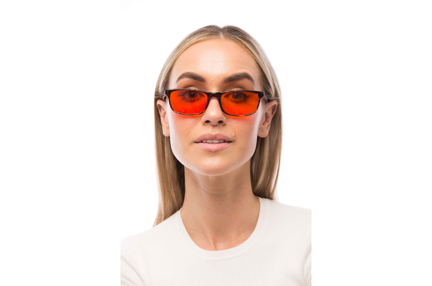 Woman Wearing Tortoise Shell Blue Light Blocking Glasses Readers