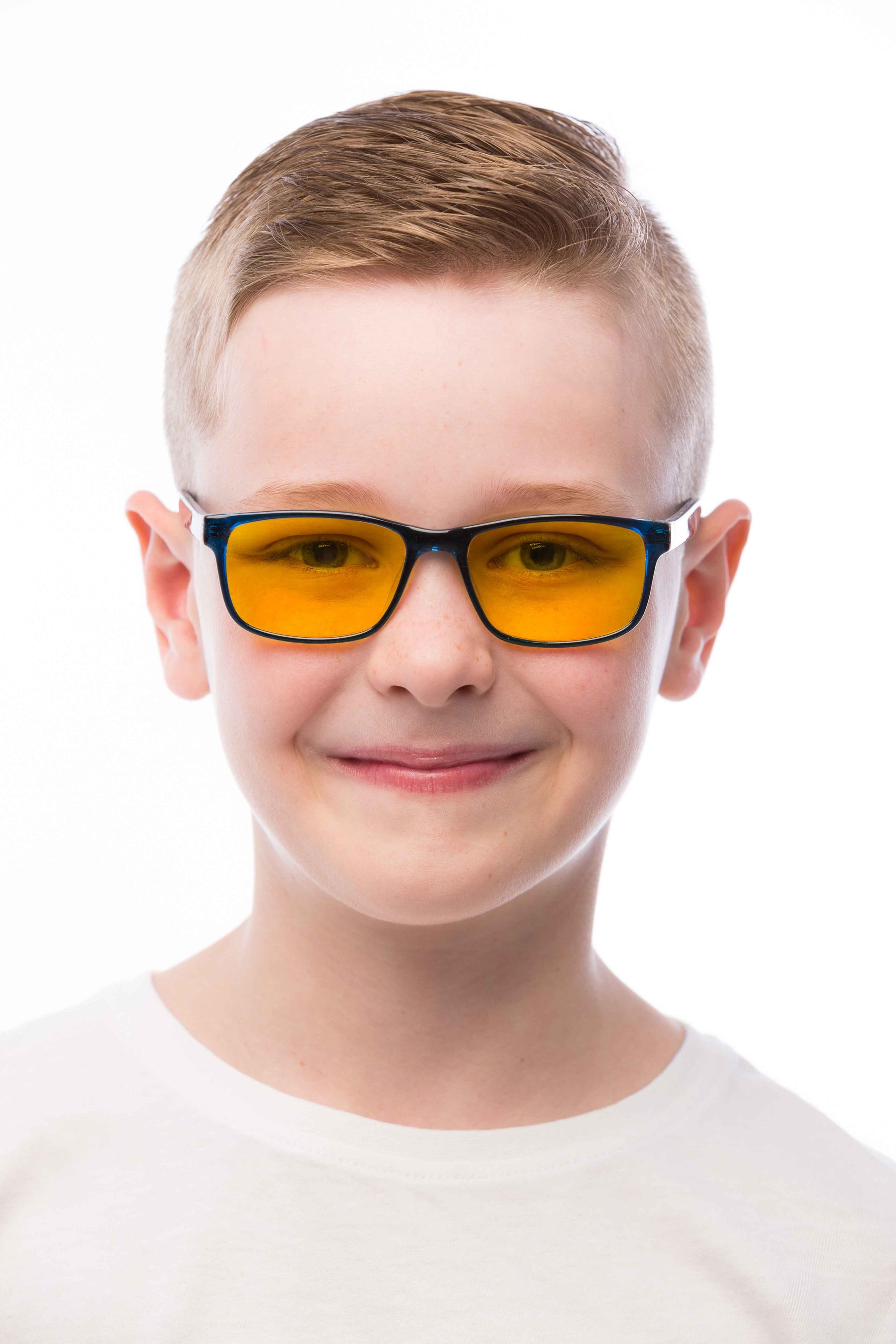 Boy Wearing Theo Light Sensitivity Glasses Readers