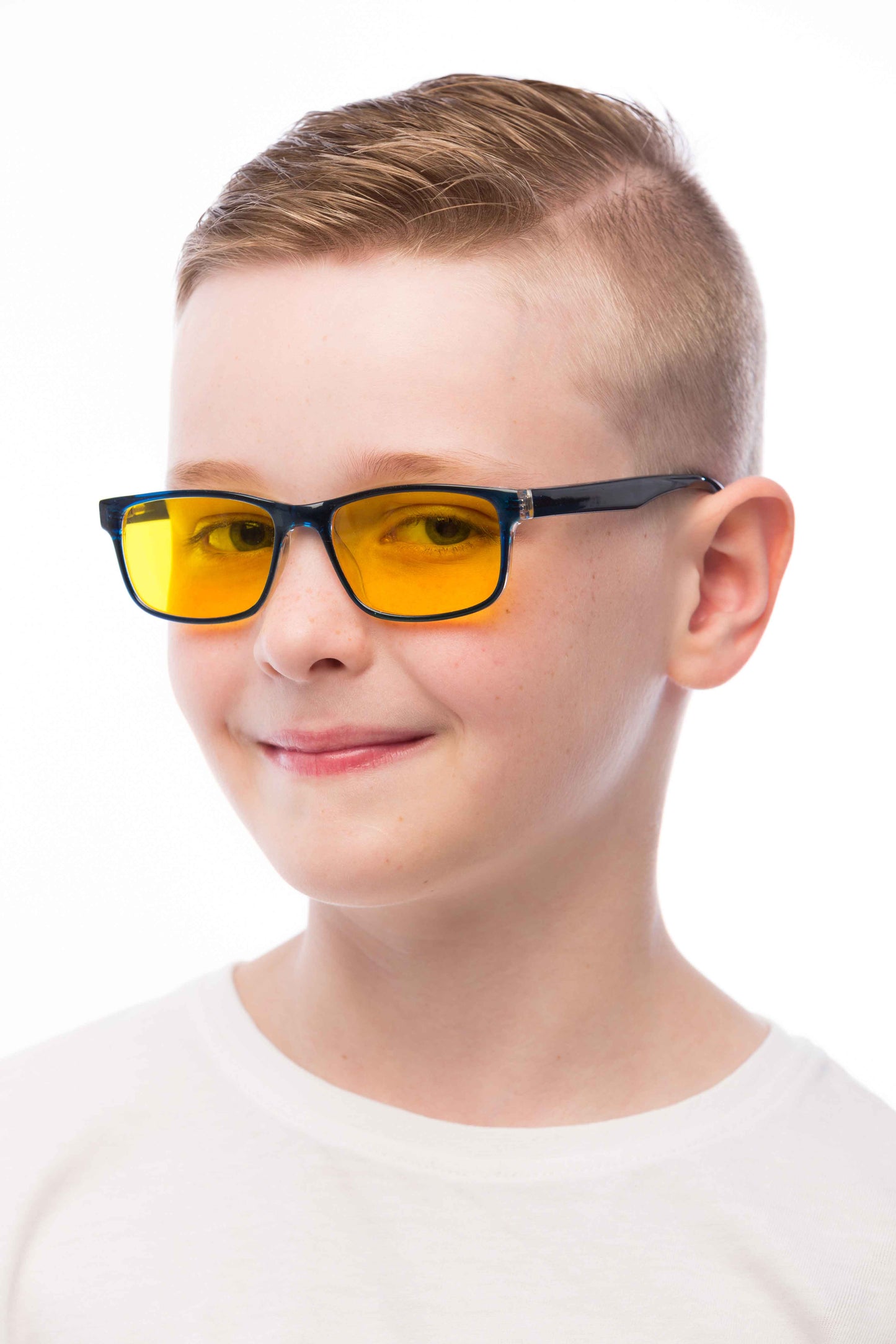 Boy Wearing Theo Light Sensitivity Glasses Prescription (Kids) Angled View