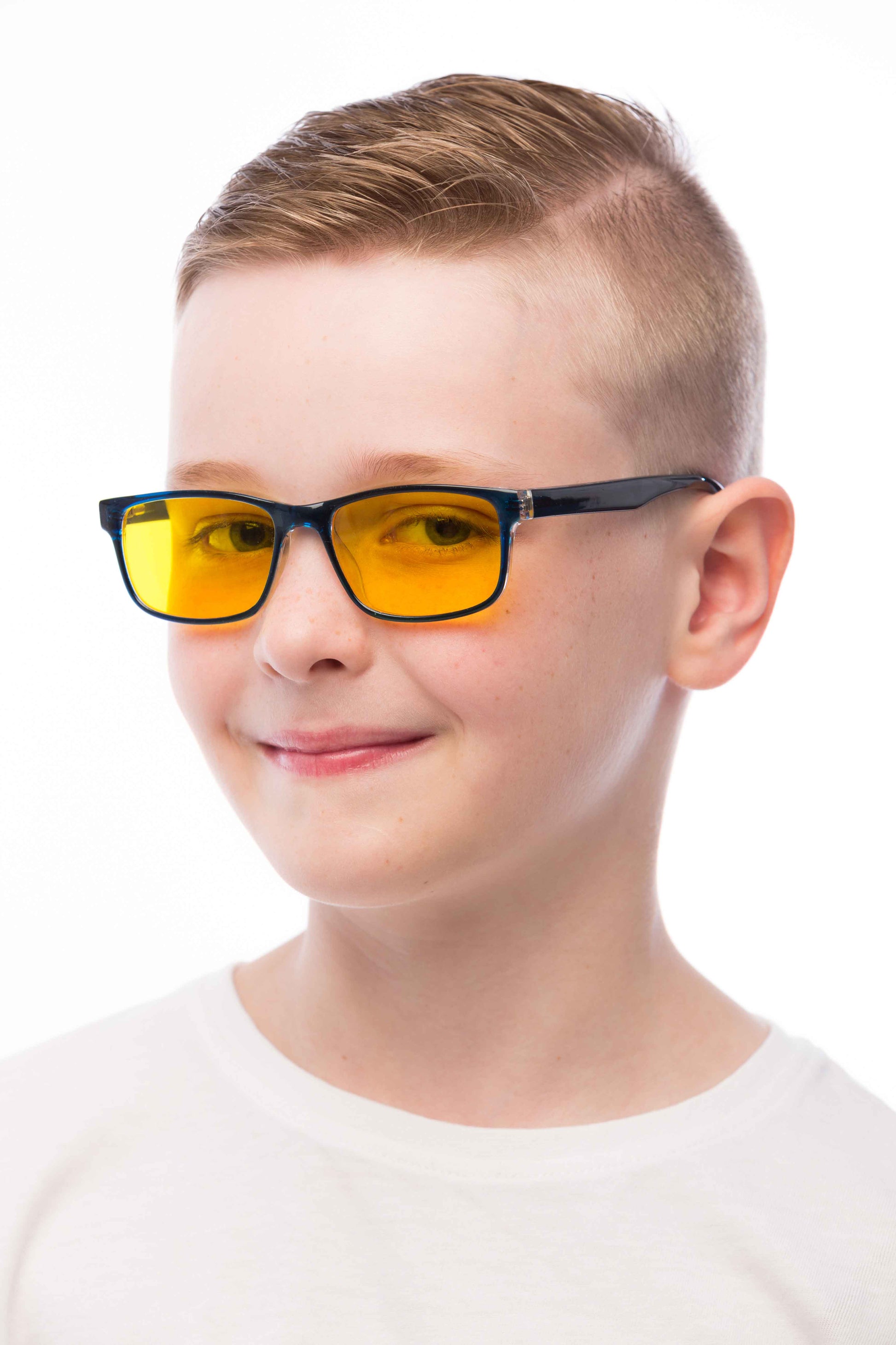Boy Wearing Theo Light Sensitivity Glasses Prescription (Kids) Angled View